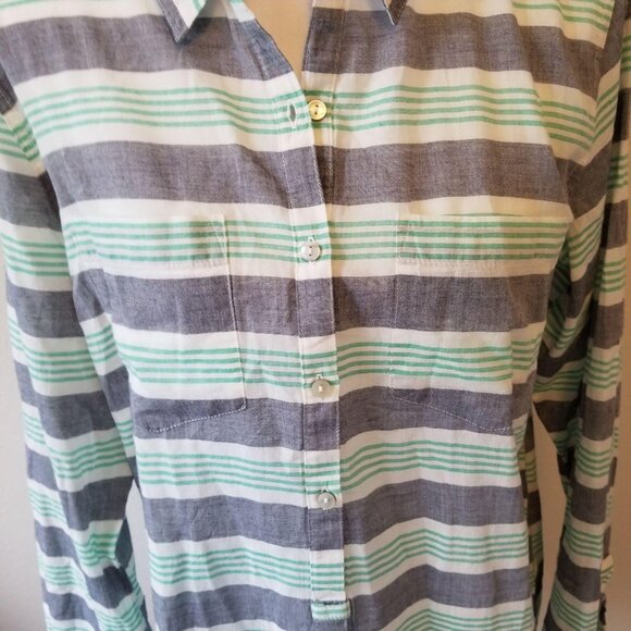 Natural Reflections Womens Large Green & Grey Striped Button-Down Shirt - Picture 4 of 5
